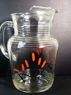 Vintage Cattails Glass Pitcher With Ribs Kitchen Decor Dining Servware